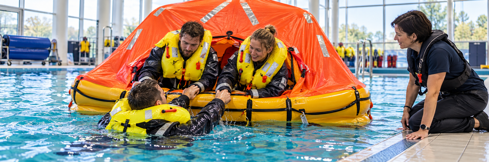 Trainees wearing life-jackets practice boarding an orange liferaft in an indoor pool while an instructor supervises.